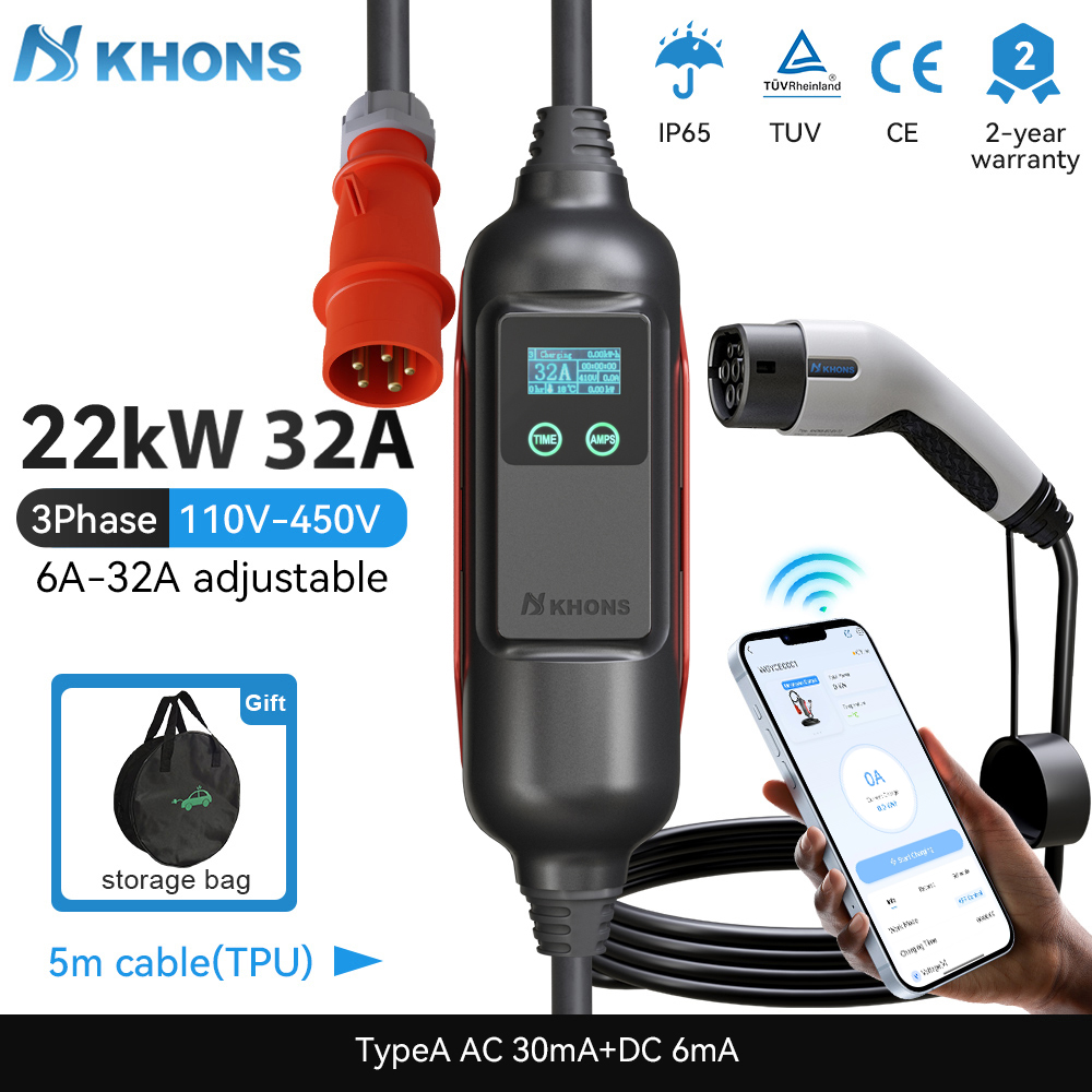 Portable Ev Charger 32A Type 2 Cee Plug - Cargador EV portátil Khons Type2 32A