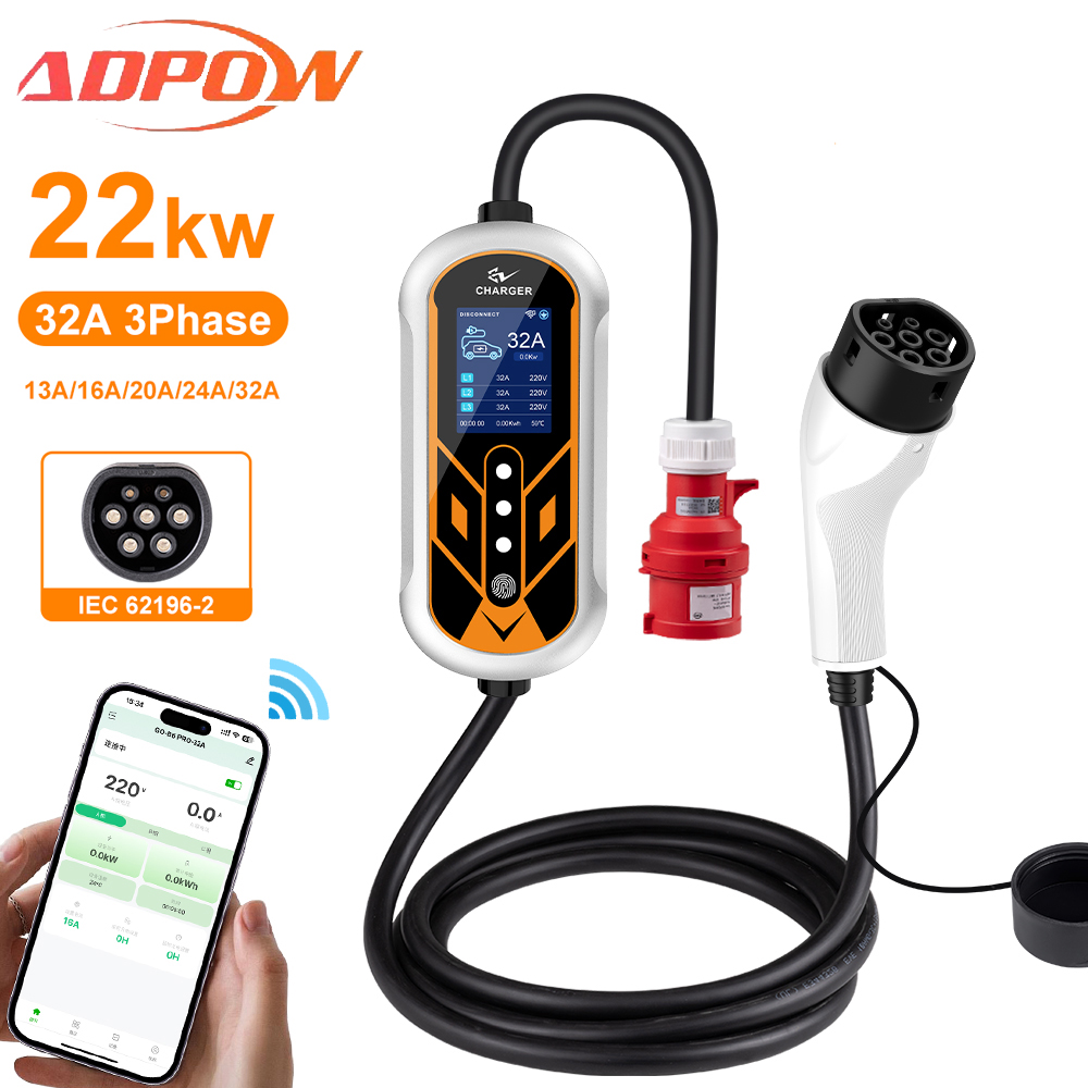 Portable Ev Charger 32A Type 2 Cee Plug - ADPOW-cargadores portátiles 32A Type2 EV, trifásicos,