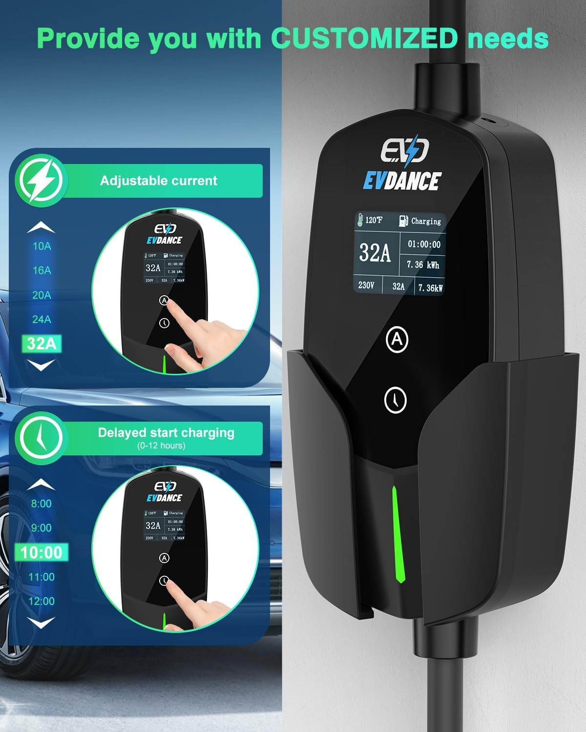 EVDANCE-cargador de coche eléc - Portable Ev Charger 32A Type 2 Cee Plug reseña y precio