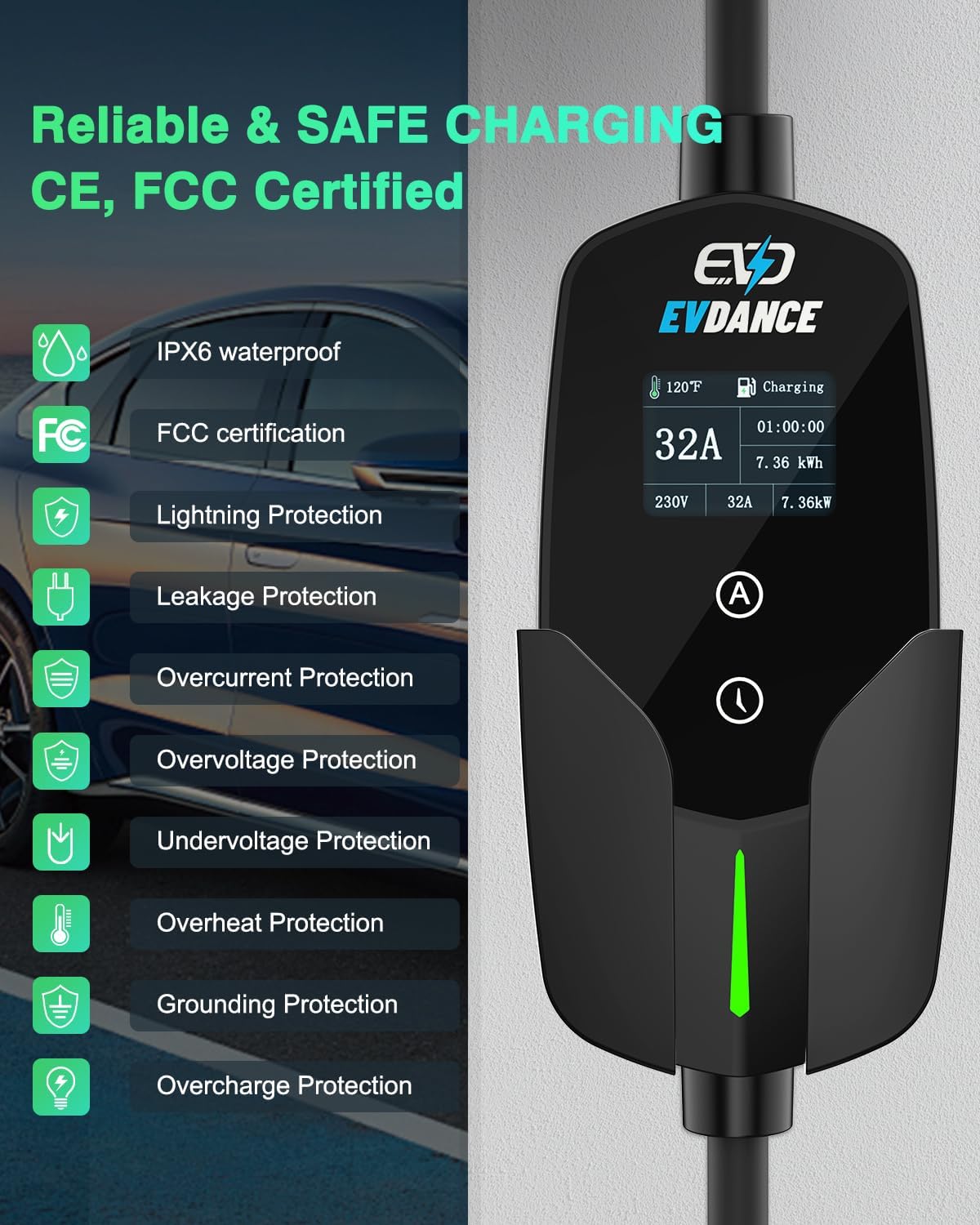 EVDANCE-cargador de coche eléc - Portable Ev Charger 32A Type 2 Cee Plug reseña y precio